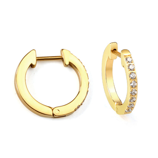 Gold hoop earrings with embedded diamonds on a white background