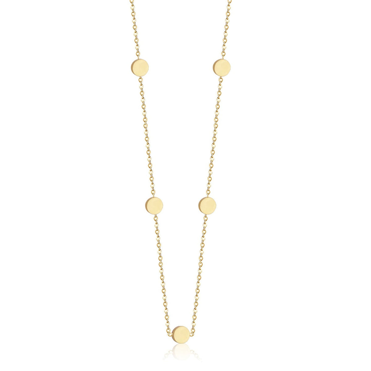 A delicate gold chain necklace featuring five evenly spaced, flat circular disc pendants, shown against a solid white background with a subtle reflection at the bottom.