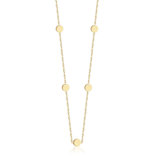 A delicate gold chain necklace featuring five evenly spaced, flat circular disc pendants, shown against a solid white background with a subtle reflection at the bottom.
